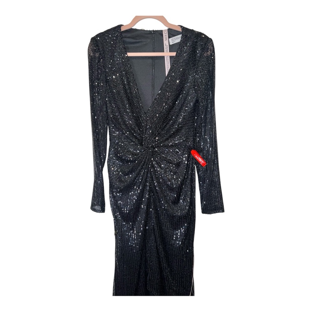 Ieena for Mac Duggal Black Sequin Knotted Long Sleeve Midi Dress Size 6 NWT - Picture 12 of 12